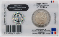Rückseite der Frankreich 2 Euro 2026 Marine Coincard mit den technischen Spezifikationen und Zertifikatsdetails.