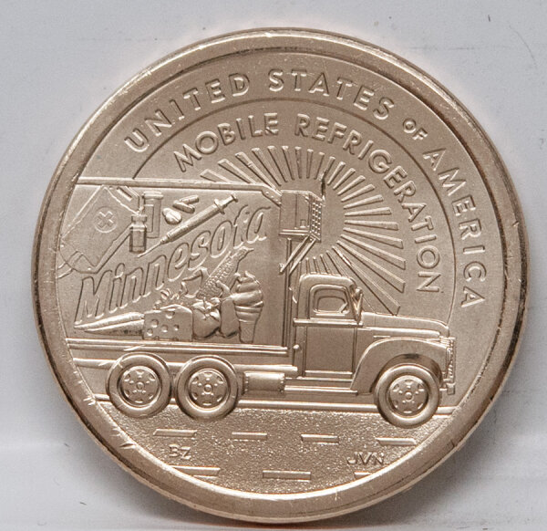 Vorderseite der USA 1 Dollar 2026 Innovationen Minnesota Münze (Prägestätte D) mit dem Motiv der mobilen Kühlkühlung.
