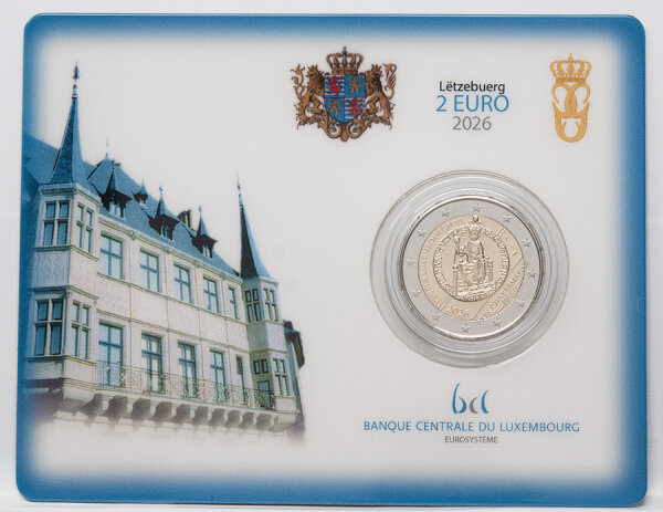 Vorderseite der luxemburgischen Coincard 2026 mit der 2 Euro Münze 40 Jahre Karlspreis an die Bevölkerung.