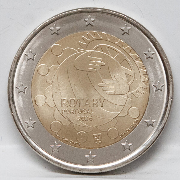 Vorderseite der Portugal 2 Euro 2026 Gedenkmünze Rotary Club in bankfrischer Erhaltung (unc) mit dem prägnanten Jubiläumsmotiv.