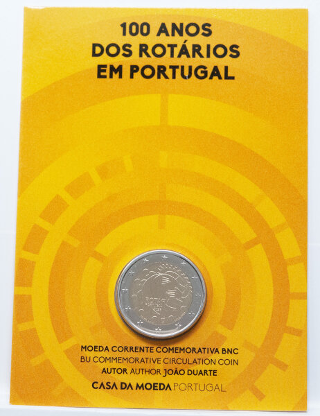 Vorderseite der portugiesischen Coincard 2026 mit der eingebetteten 2 Euro Münze 100 Jahre Rotary Club in BU-Qualität.