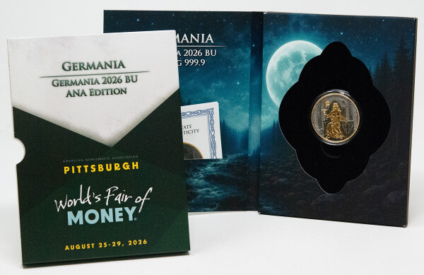 Vorderseite der Germania 5 Mark 2026 1 oz Silbermünze in der exklusiven ANA Coinfair Blisterkarte.