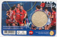 Rückseite der belgischen Hockey WM Coincard (FR) mit den offiziellen Logos und Nennwertangaben.