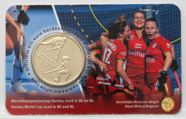 Vorderseite der niederländischen Coincard 2,5 Euro Belgien 2026 Hockey WM.