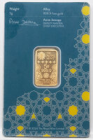 Rückseite des Kaaba 5g Goldbarren-Blisters mit technischen Daten und Royal Mint Siegel.