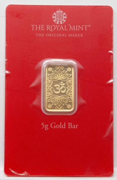 Vorderseite des Royal Mint 5 g Feingoldbarrens Om im eleganten Sammlerblister.