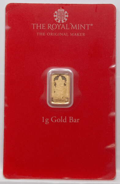 Vorderseite des Royal Mint 1 g Feingoldbarrens Ganesh im kunstvoll verzierten Motiv-Blister.