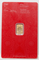 Rückseite des Ganesh 1g Goldbarren-Blisters mit dem Wappen der Royal Mint und technischen Angaben.