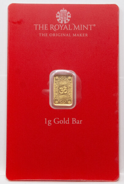 Vorderseite des Royal Mint 1 g Feingoldbarrens Om mit dem erhabenen Ursymbol im Schmuckblister.