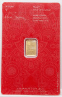Rückseite des Om 1g Goldbarren-Blisters mit den Feingehalt-Angaben und Sicherheitsmerkmalen.
