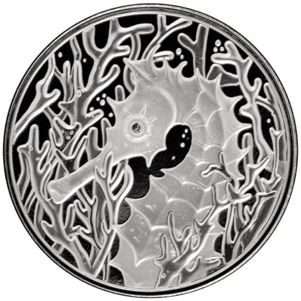 Vorderseite der Samoa 2 Tala 2026 Seahorse Silbermünze BU mit dem detailreichen Seepferdchen im Korallenriff.