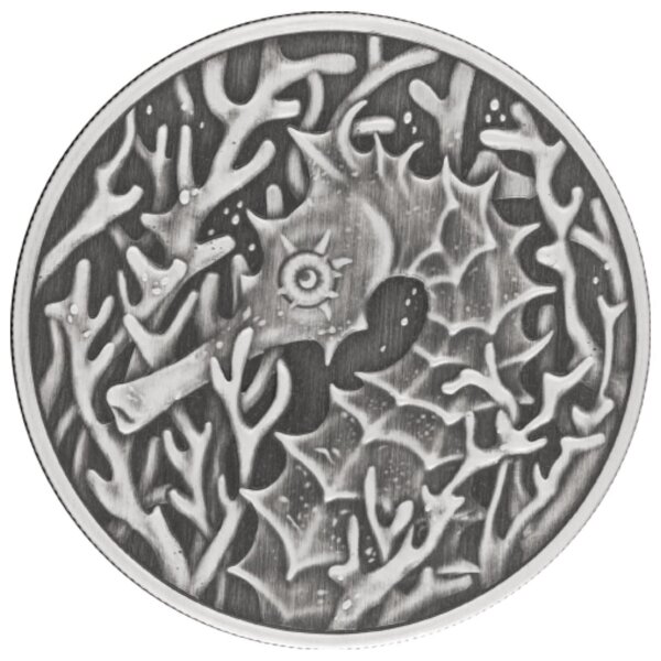 Vorderseite der Samoa 2 Tala 2026 Seahorse 1 oz Silbermünze im kunstvollen Antique Finish mit plastischem Korallenmotiv.