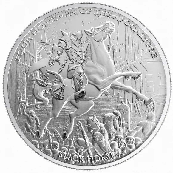 Vorderseite der Carpathian Mint 2026 Four Horsemen #3 The Black Horse 1 oz Silbermünze mit dem dynamischen Motiv des schwarzen Reiters.