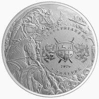 Rückseite der Carpathian Mint The Black Horse Silbermünze mit dem Emblem der Carpathian Mint und den Feingehaltangaben.