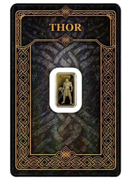Vorderseite des Gods of Germania Thor 1/100 oz Feingold Minted Bars im stilvollen Safepack mit dem Motiv des Donnergottes.