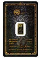 Rückseite des Thor Goldbarren-Safepacks mit dem zweiköpfigen Adler-Wappen der Germania Mint und Zertifikatsdaten.