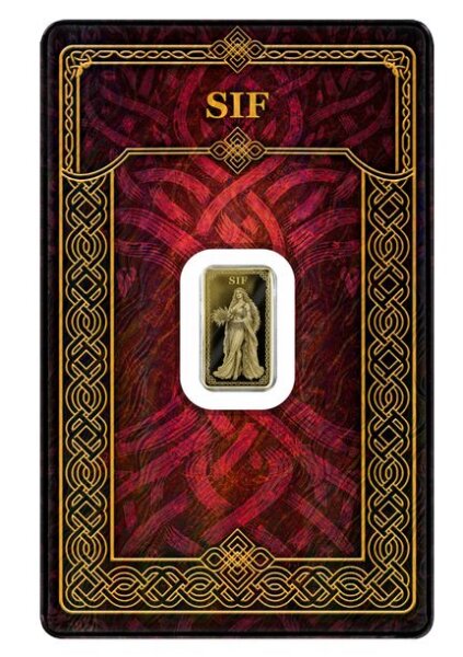 Vorderseite des Gods of Germania Sif 1/100 oz Feingold Minted Bars im edel gestalteten Safepack.