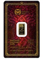 Rückseite des Sif Goldbarren-Safepacks mit technischen Daten und PAMP/Germania Sicherheitsmerkmalen.