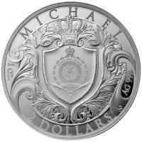 Rückseite der Niue 2 Dollar 2026 Archangel Michael Silbermünze mit dem offiziellen Staatswappen von Niue und den Feingehaltangaben.