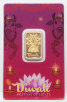 Vorderseite des PAMP 5 g Feingoldbarrens Diwali mit dem...