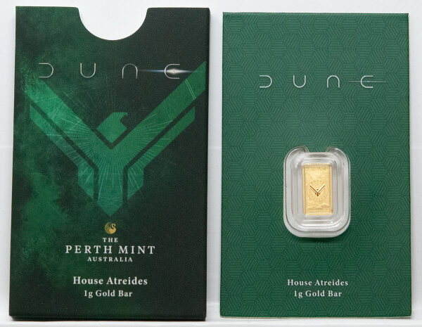 Vorderseite des Tuvalu 1 g Feingoldbarrens 2026 Dune House Atreides in der thematischen Perth Mint Coincard.