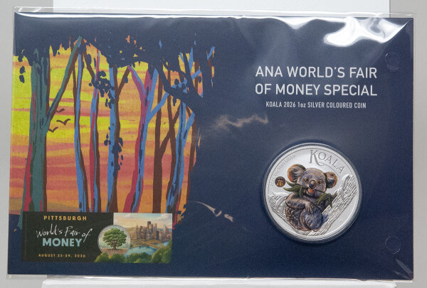 Vorderseite der offiziellen australischen Coincard mit der 1 Dollar Koala 2026 Silbermünze zur ANA Worlds Fair of Money Pittsburgh.