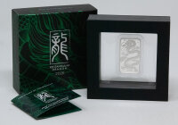 Vorderseite der Australien 1 Dollar 2026 Rectangular Dragon 1 oz Silbermünze in Polierter Platte (PP) mit dem imposanten Drachenmotiv.