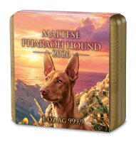 Vorderseite der Malta 5 Euro 2026 Pharaonenhund 1 oz Silbermünze BU mit dem feingeprägten Motiv des aufmerksamen Hundes.