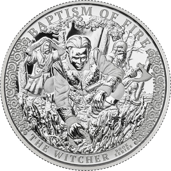 Vorderseite der Kamerun 500 Francs 2026 The Witcher Baptism of Fire 1 oz Silbermünze mit dem markanten Hexer-Motiv.