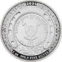 Rückseite der Witcher 1 oz Silbermünze mit dem Wappen Kameruns und dem Echtheitszertifikat.