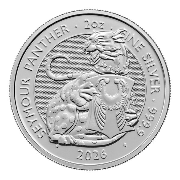 Vorderseite der Großbritannien 5 Pfund 2026 Tudor Beasts The Seymour Panther 2 oz Silbermünze mit dem Wappentier.
