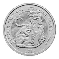 Vorderseite der Großbritannien 5 Pfund 2026 Tudor Beasts The Seymour Panther 2 oz Silbermünze mit dem Wappentier.