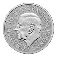 Rückseite der Großbritannien 5 Pfund 2026 Seymour Panther Silbermünze mit dem offiziellen Bildnis von König Charles III.