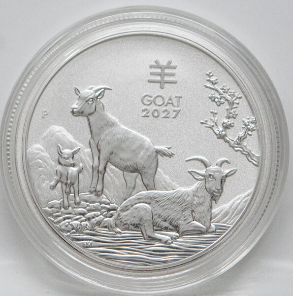 Vorderseite der Australien 50 Cent 2027 Lunar III Jahr der Ziege 1/2 oz Silbermünze mit dem detailreichen Ziegenmotiv.