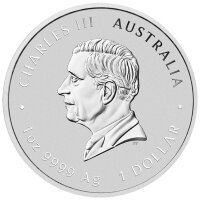 Rückseite der Australien 1 Dollar Lunar III Silbermünze mit dem offiziellen Bildnis von König Charles III.