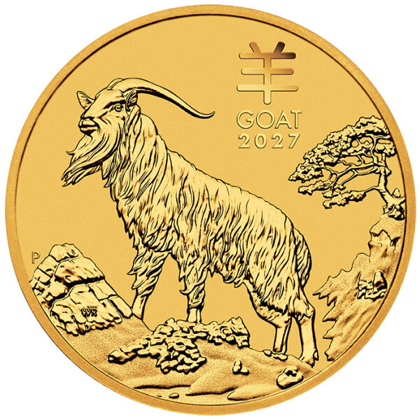Vorderseite der Australien 5 Dollar 2027 Lunar III Jahr der Ziege 1/20 oz Goldmünze mit dem detailreichen Ziegenbock-Motiv.