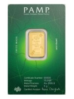 Rückseite des Lucky Clover Goldbarren-Blisters mit PAMP-Logo, technischen Spezifikationen und individueller Zertifikatnummer.
