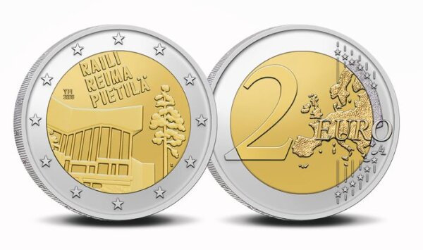 Vorderseite der Finnland 2 Euro 2026 Gedenkmünze Raili & Reima Pietilä in bankfrischer Erhaltung (unc) mit dem organischen Architektur-Relief.