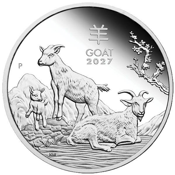Vorderseite der Australien 50 Cent 2027 Lunar III Jahr der Ziege 1/2 oz Silbermünze in Polierter Platte (PP) im Etui.