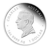 Rückseite der 1 oz Lunar III Silbermünze PP mit dem Konterfei Seiner Majestät König Charles III. und Umverpackung.