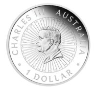 Rückseite der Great Southern Land Opal Silbermünze mit dem königlichen Porträt Charles III. und Zertifikat.