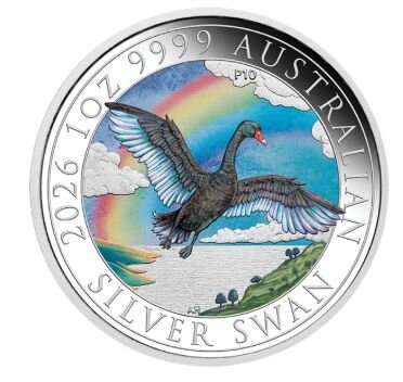 Vorderseite der offiziellen ANDA Sammler-Coincard mit der Australien 1 Dollar 2026 Schwan 1 oz Silbermünze in brillanter Farbprägung.