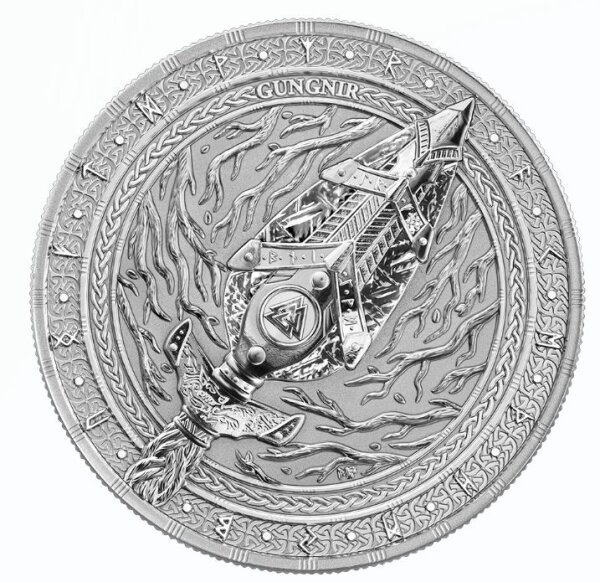 Vorderseite der Germania 5 Mark 2026 Artefacts #3 Gungnir 1 oz Silbermünze mit dem detailreich gestalteten Speer Odins.