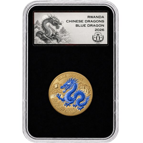 Ruanda 100 Francs 2026 Chinese Dragons Blue Dragon Porcelain Style 1/12 oz Gold Wappenseite