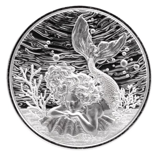 Vorderseite der Samoa 2 Tala 2026 Mermaid under the Sea 1 oz Silbermünze BU mit der anmutigen Meerjungfrau in der Unterwasserwelt.