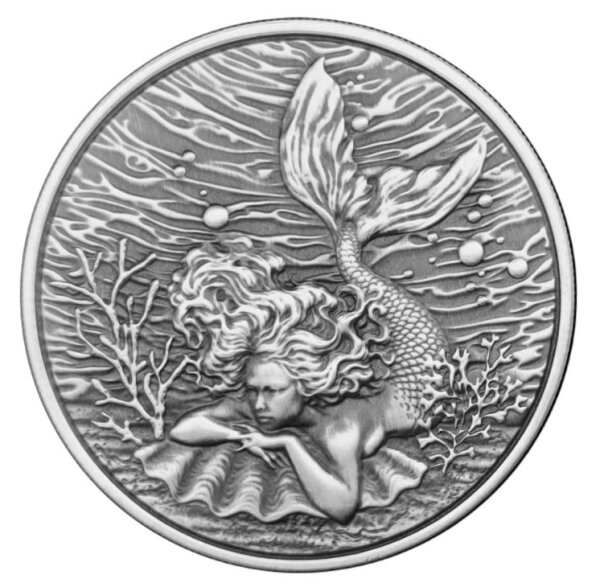 Vorderseite der Samoa 2 Tala 2026 Mermaid under the Sea 1 oz Silbermünze im edlen Antique Finish mit plastischem Relief.
