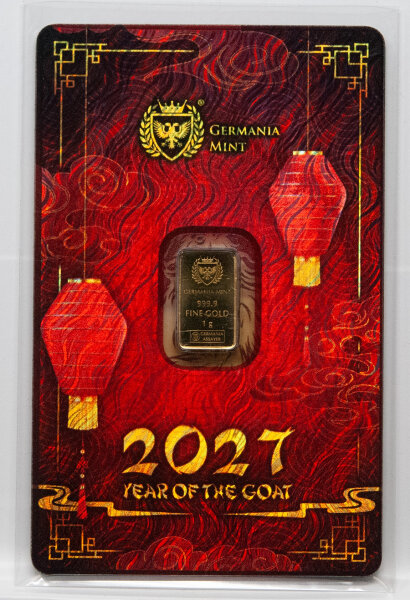 Germania Mint 1-g-Goldbarren „Year of the Horse“ in versiegelter Assay-Karte (Safepack); Vorderseite mit Hersteller-Hallmarks und Feingehalt 999,9, thematische Karten­gestaltung zum Jahr des Pferdes.