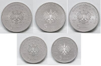 Rückseite des 5 Euro Satzes Ariane 6 mit den Bundesadler-Darstellungen und den fünf Münzzeichen.