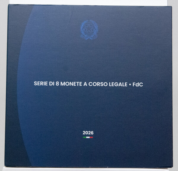Vorderseite des offiziellen italienischen Kursmünzensatz-Folders 2026 im Stempelglanz-Finish.