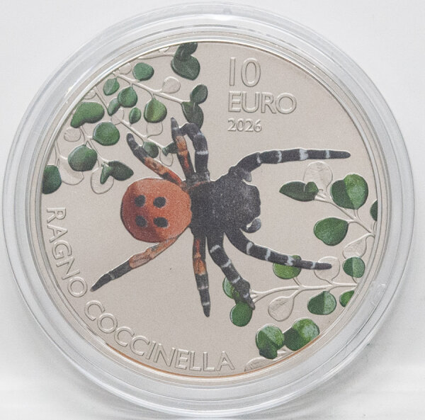 Bildseite der 10 Euro Münze 2026 aus San Marino mit dem filigranen Motiv Fauna - Spinne.